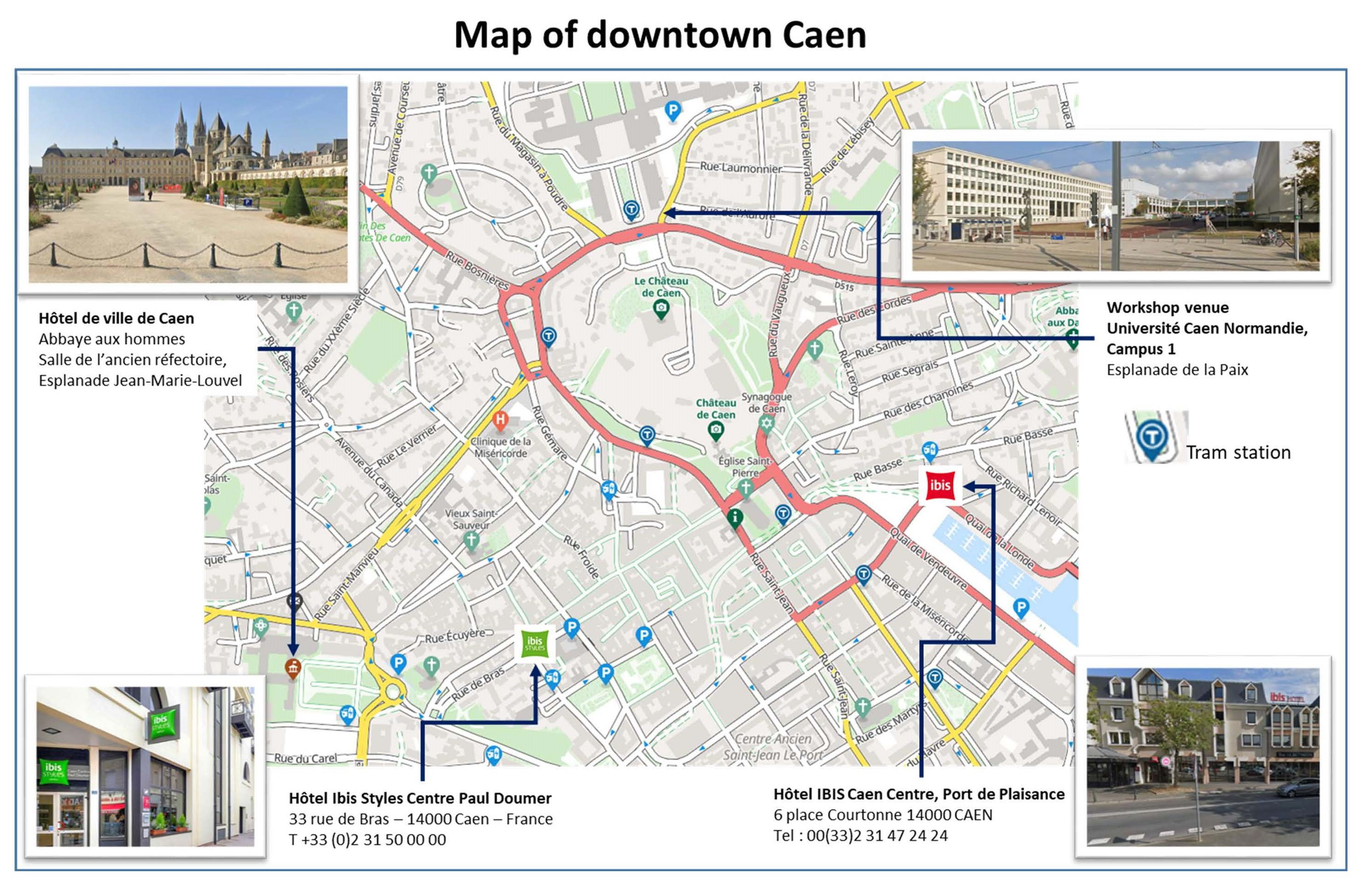 Downtown Caen Map with hotels & University