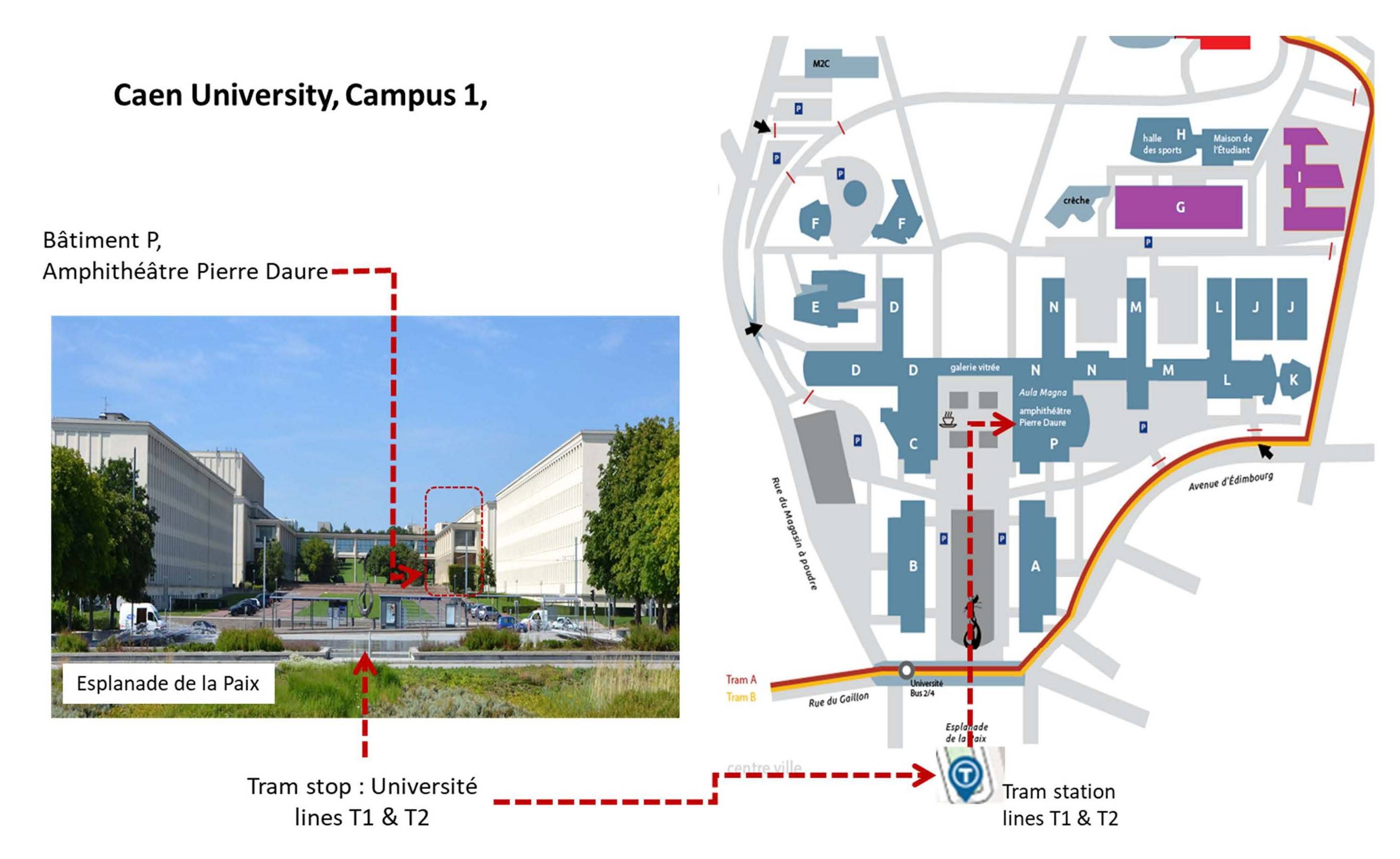 Caen University indicating Building P & lecture hall and Tram stations.