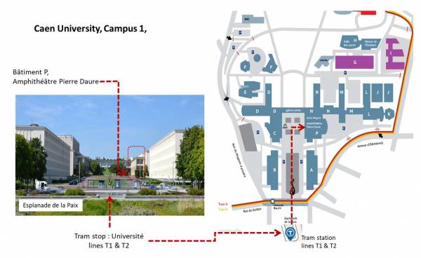 Caen University indicating Building P & lecture hall and Tram stations.