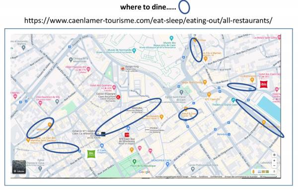 Where to dine in Caen. Areas with restaurants are circled in blue.